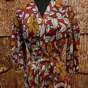 Suncoo Paris Brown, Yellow, and White Print Dress, Short Sleeve